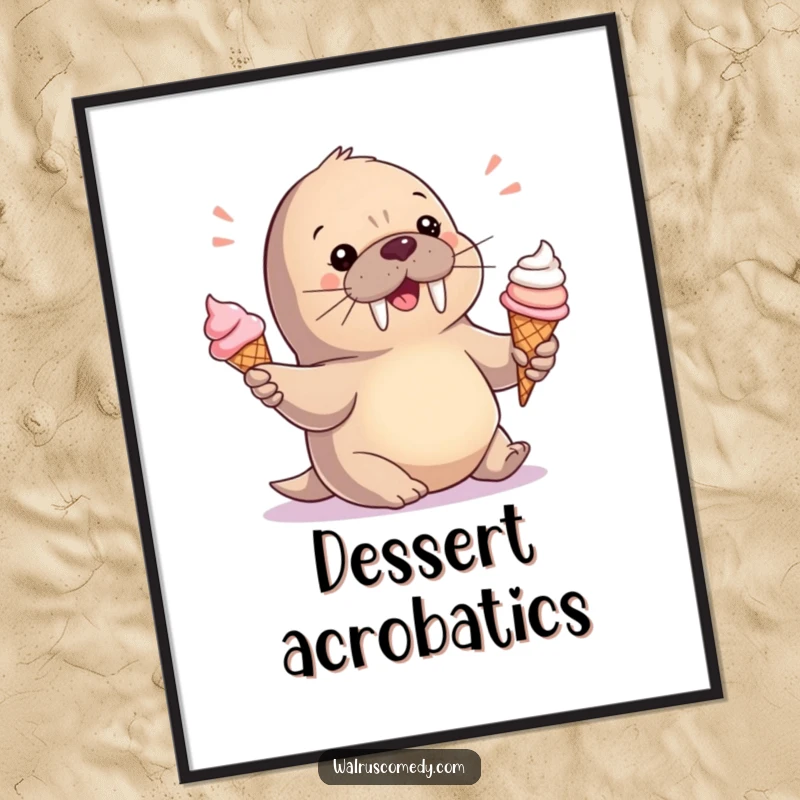 Funny Digital Art Print: A cute baby walrus juggles ice cream cones, radiating pure, playful sweetness and joy.