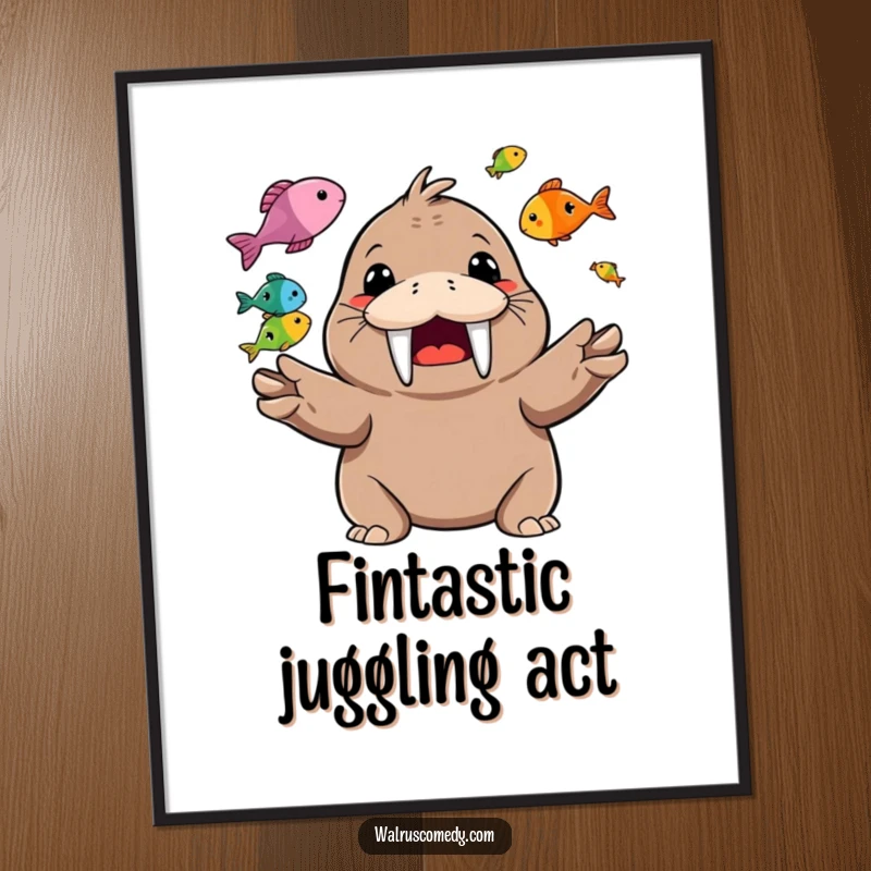 Funny Digital Art Print of a happy walrus character juggling colorful fish with a wide, toothy grin.