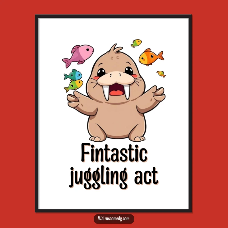 Funny Walrus Juggling Fish Digital Art: Happy Character Print for Instant Joy