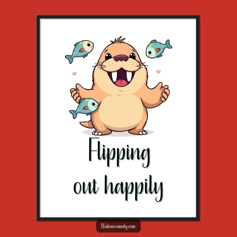 Funny Walrus Juggling Fish Digital Art: Happy Grin - Instant Funny Gift Download