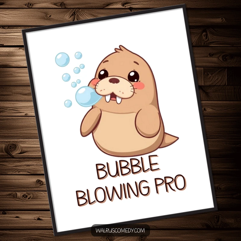 Funny kawaii walrus blowing a stream of bubbles, looking curious and happy, as a downloadable digital art print for instant decor.