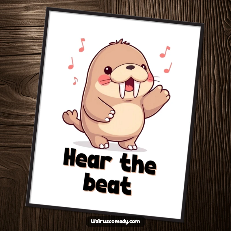 Funny kawaii walrus character happily tapping its flippers to an unseen musical beat, displayed as vibrant digital art for printing.
