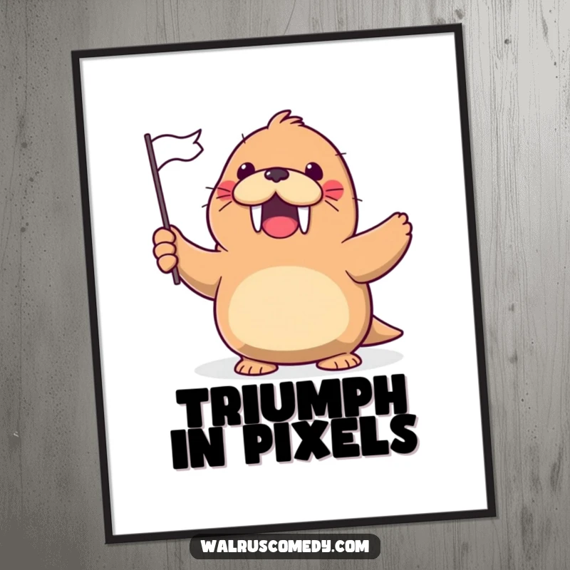 Funny Digital Art Print of a kawaii walrus gleefully waving a tiny flag with a cheerful, excited expression.