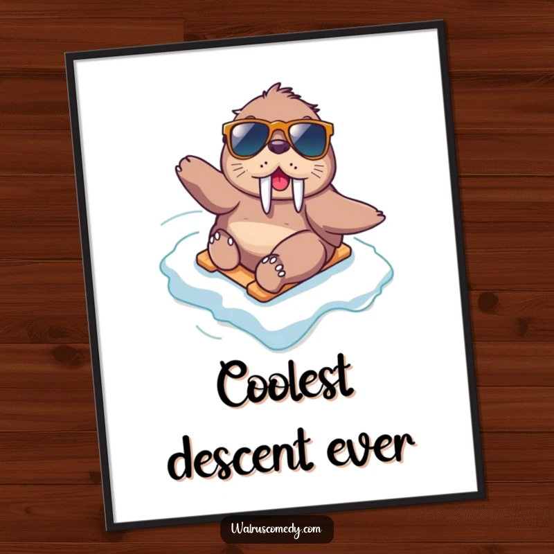 Funny kawaii walrus wearing sunglasses slides down an icy slope, capturing a moment of pure, humorous excitement in digital art.