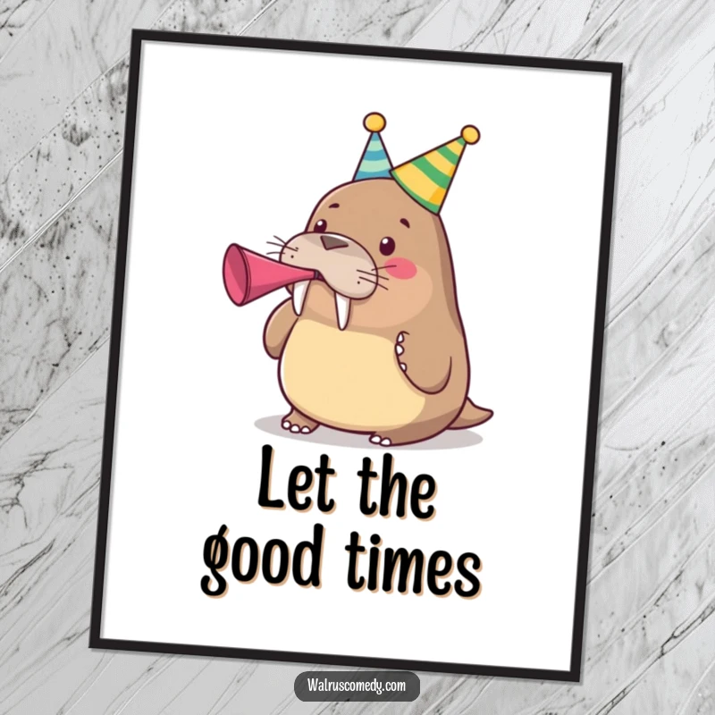 Funny cute walrus wearing a party hat and blowing a party horn on a printable digital art piece, a celebratory funny gift.
