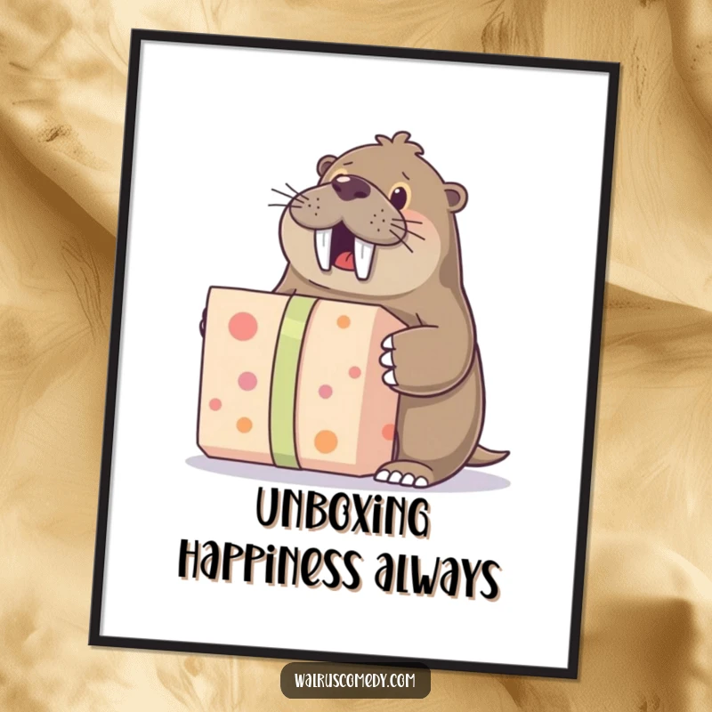 Funny digital art print of a walrus excitedly unwrapping a large gift, offering instant humorous celebration wall decor.