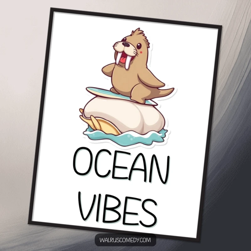 Funny digital art print of a walrus joyfully surfing on a giant clam, ideal for wall decor.