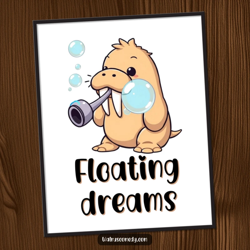 Funny walrus blowing giant bubbles, instant digital download art, a whimsical and humorous wall decor piece.