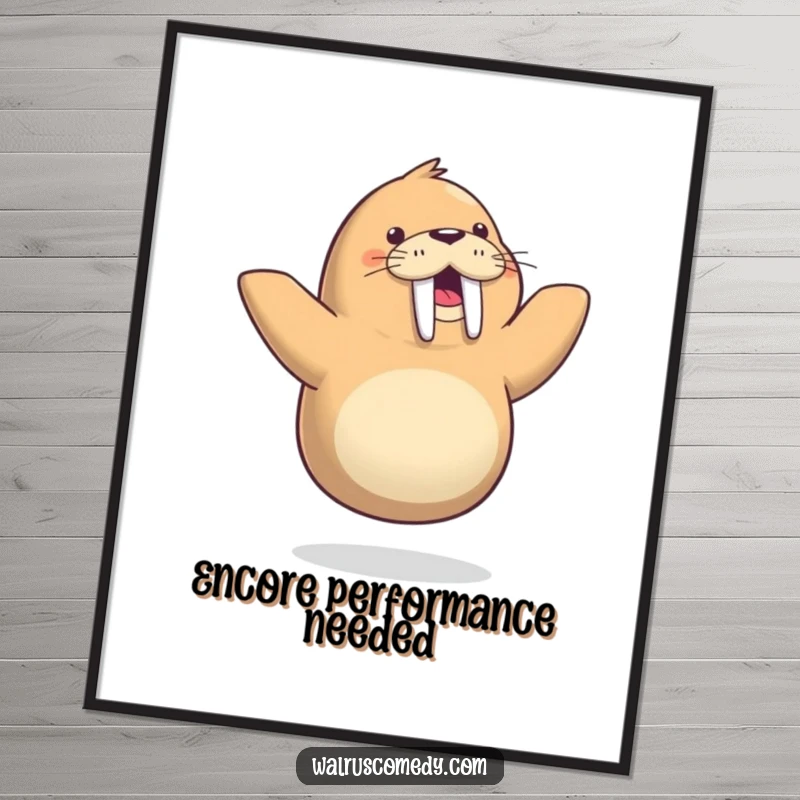 Funny digital art print of a jubilant walrus energetically dancing on one flipper, ready to bring instant humor and joy to any room.
