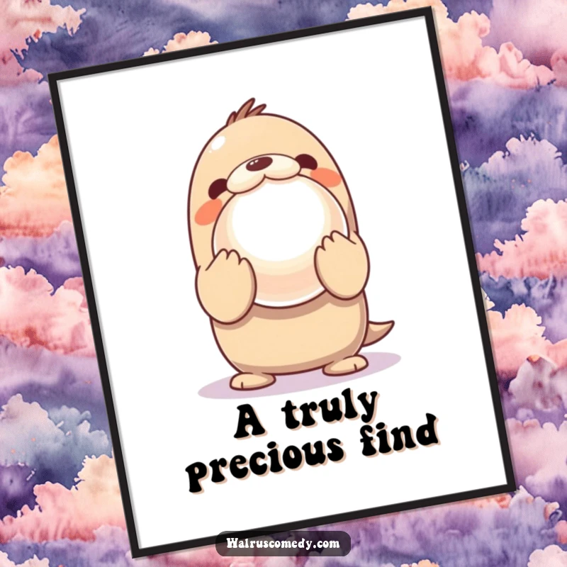 Funny Digital Art Print of a Kawaii walrus excitedly presenting a giant, shiny pearl with innocent, awe-filled eyes.