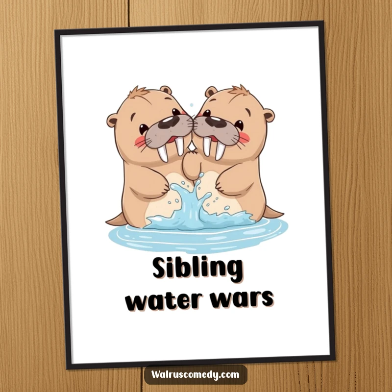 Funny walrus digital art print of siblings playfully splashing water, capturing the essence of joyful sibling relationships.