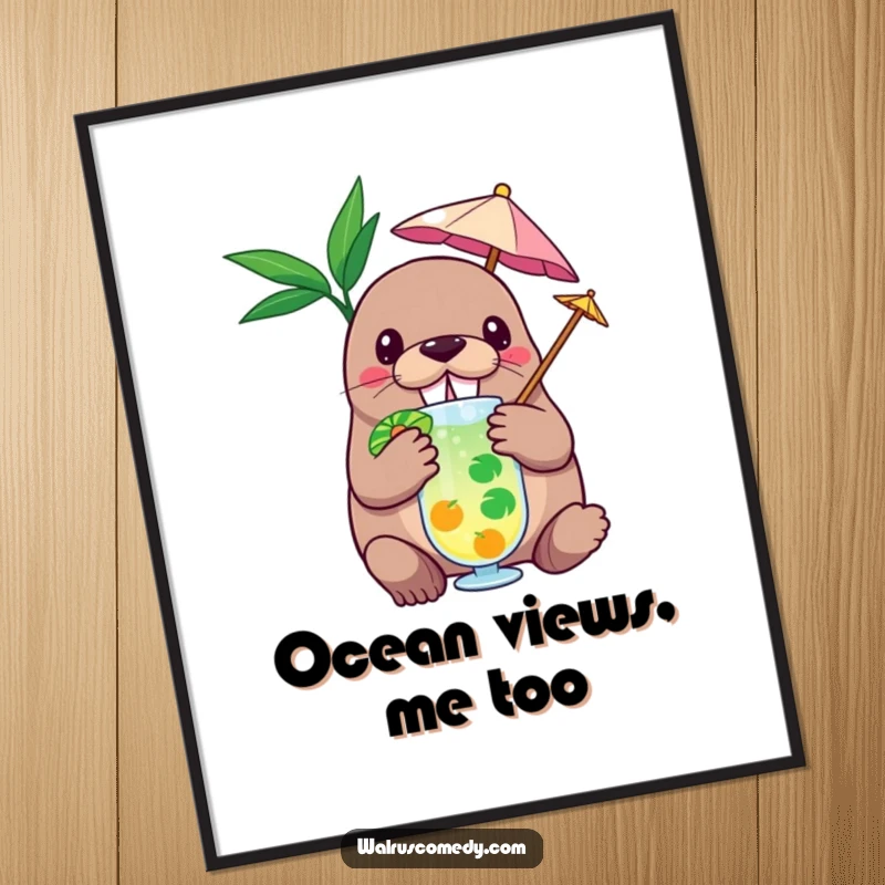 Funny digital art print of a walrus with a tiny umbrella in a tropical drink, offering instant humorous tropical wall decor.