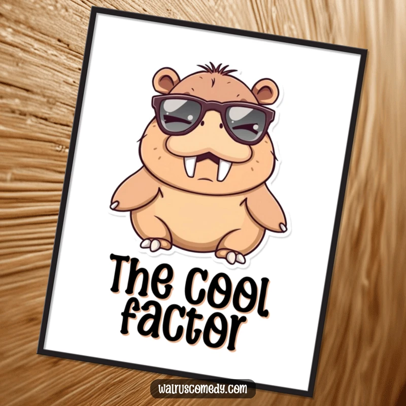 Funny walrus character winking with large sunglasses, presented as an instant digital art print for humorous and cool wall decoration
