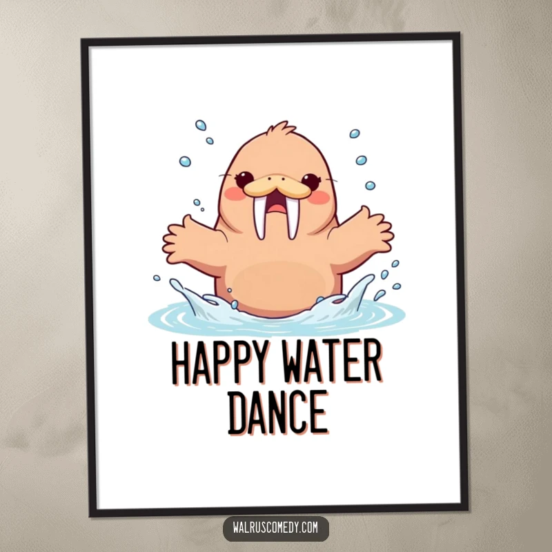 Funny Kawaii Walrus Splashing Water Digital Art Print, an energetic walrus splashing happily, instant downloadable decor.
