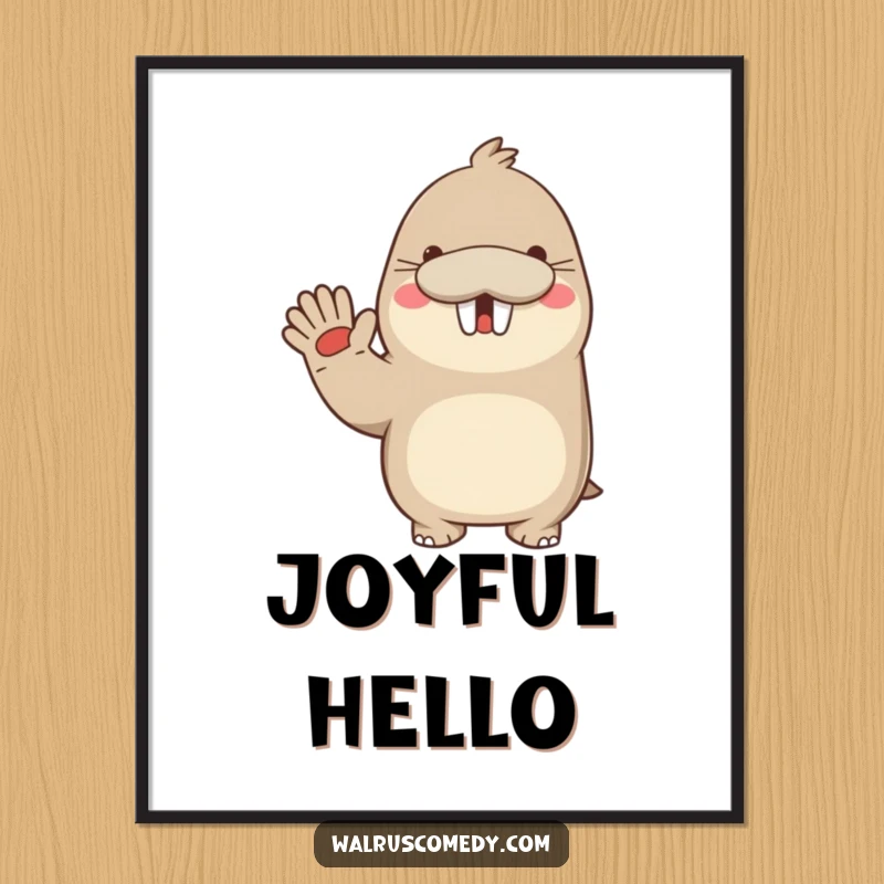 Funny digital art print of a kawaii walrus waving enthusiastically with a big smile, bringing infectious joy to any digital space.