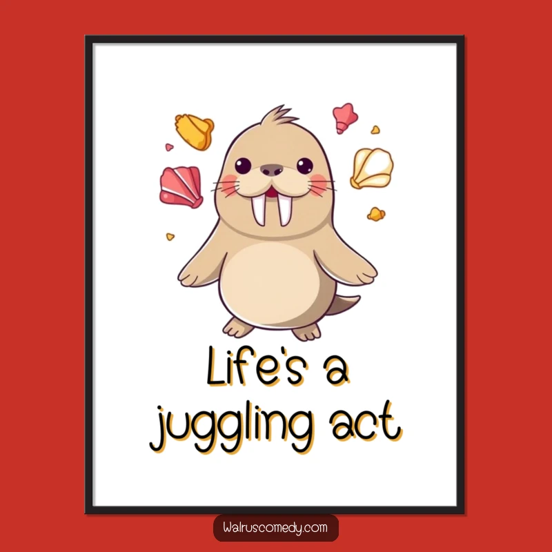 Funny Juggling Walrus Digital Art - Seashell Printable, Perfect Funny Gift!