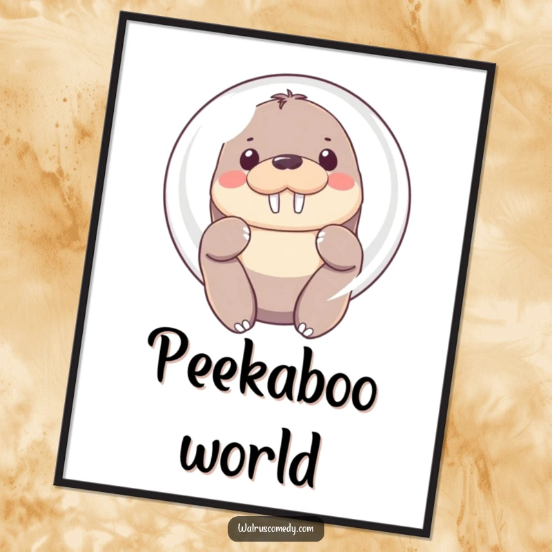 Funny Digital Art Print of a Kawaii walrus shyly peeking from behind a large bubble, its soft eyes full of sweetness.