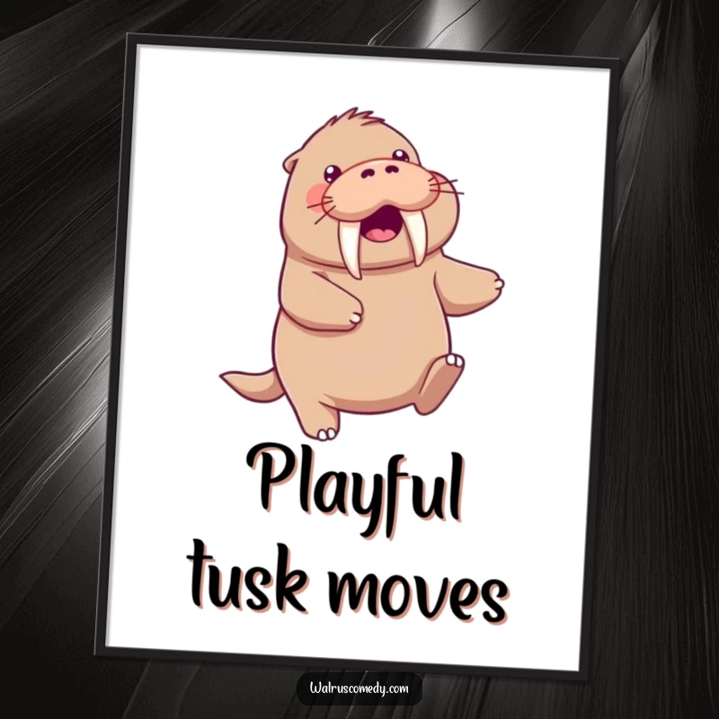 Funny kawaii walrus character energetically doing a playful dance, tusks in motion, displayed as vibrant digital art.