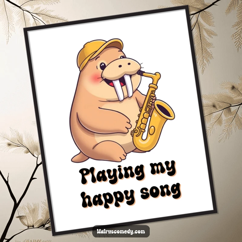 Funny digital art print of a smiling walrus happily playing a saxophone while wearing a jaunty cap, exuding musical joy.