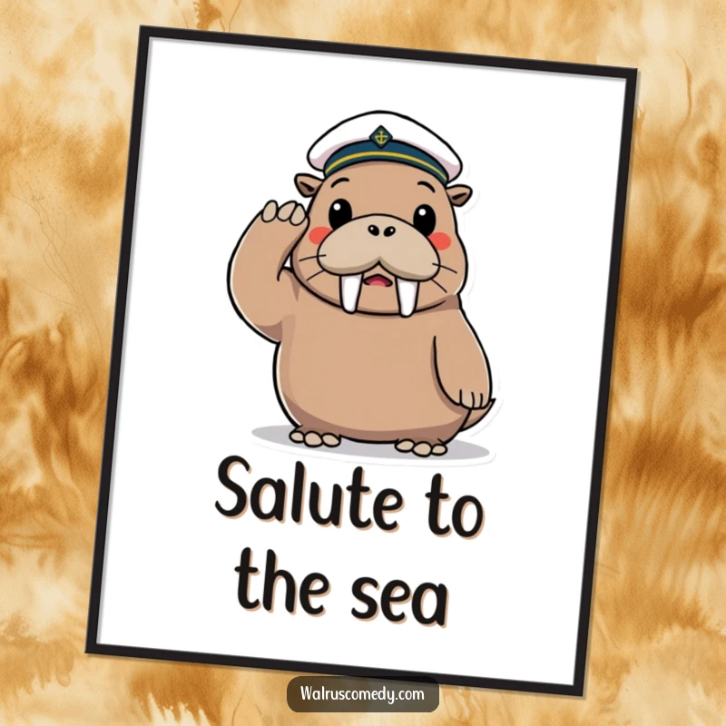 Funny Digital Art Print of a playful walrus character wearing a tiny sailor hat and saluting cheerfully.