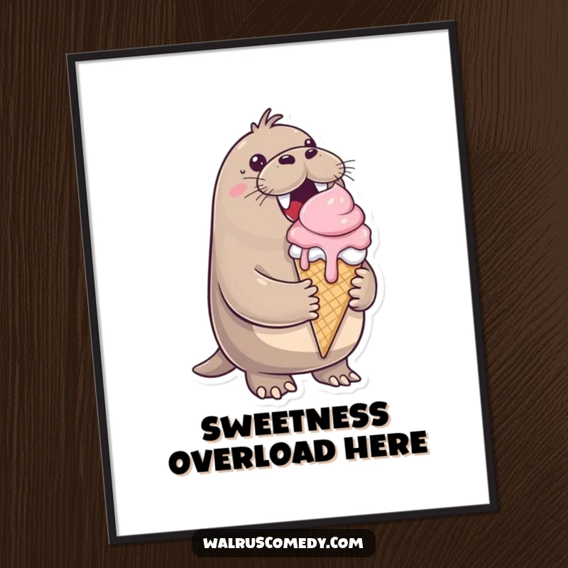 Funny digital art print, cheerful walrus, large ice cream cone, dripping happily, sweet wall art, instant download, dessert theme.