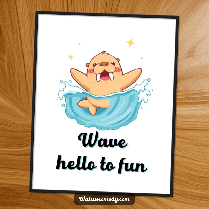 Funny Walrus Digital Art Print: A high-resolution image of a walrus joyfully diving into a sparkling blue wave, ready for printing.