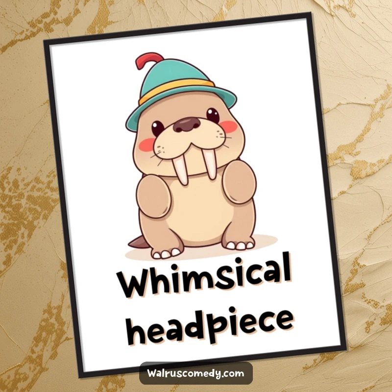 Funny Kawaii Walrus Hat Trick Digital Art Print, a walrus balancing a whimsical hat, instant downloadable decor.