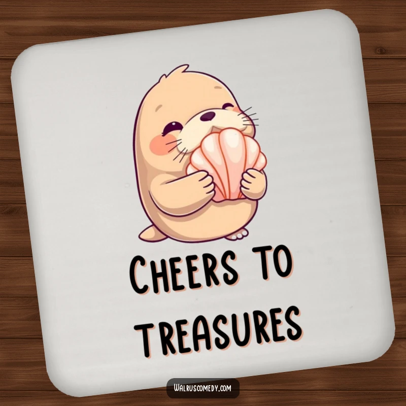 Funny Coaster: A winking walrus holds a shiny seashell, protecting surfaces with beachy charm.