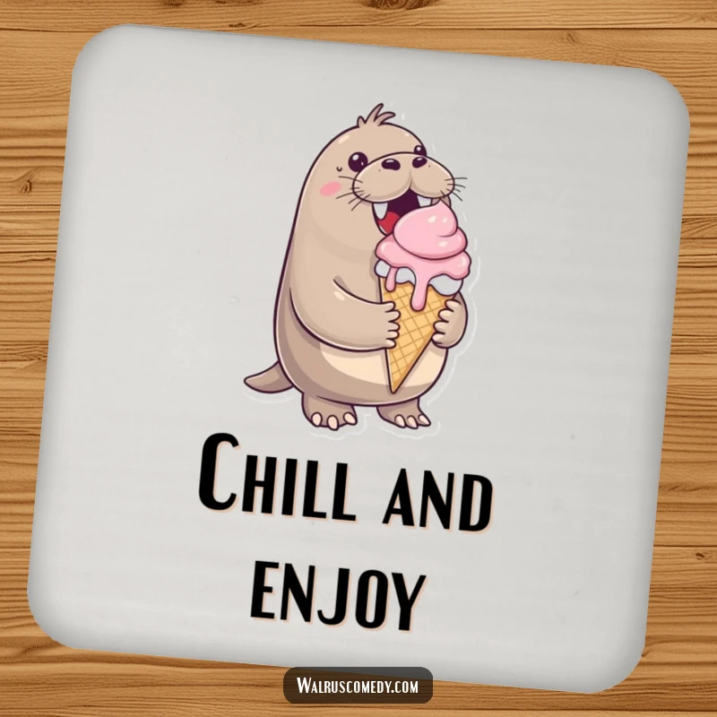 Funny drink coaster, cheerful walrus, ice cream cone dripping, happy, protective, perfect for tables, sweet decor.