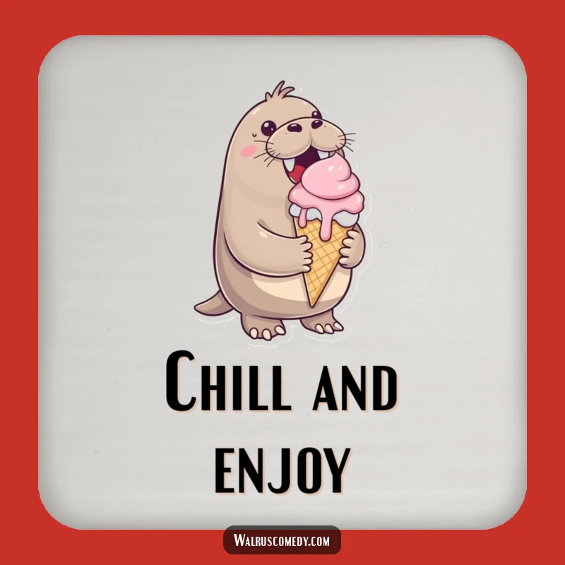 Funny Walrus Ice Cream Drink Coaster: Cheerful Cone Table Protector