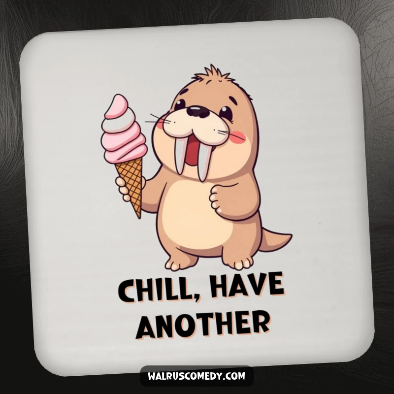Funny walrus offering ice cream on a protective drink coaster, adding sweet humor and charm, a perfect funny gift.