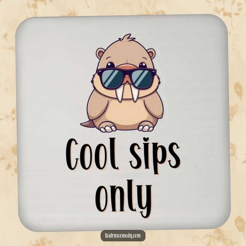 Funny drink coasters featuring a kawaii walrus wearing sunglasses, looking cool and relaxed, adding a stylish touch to any table.