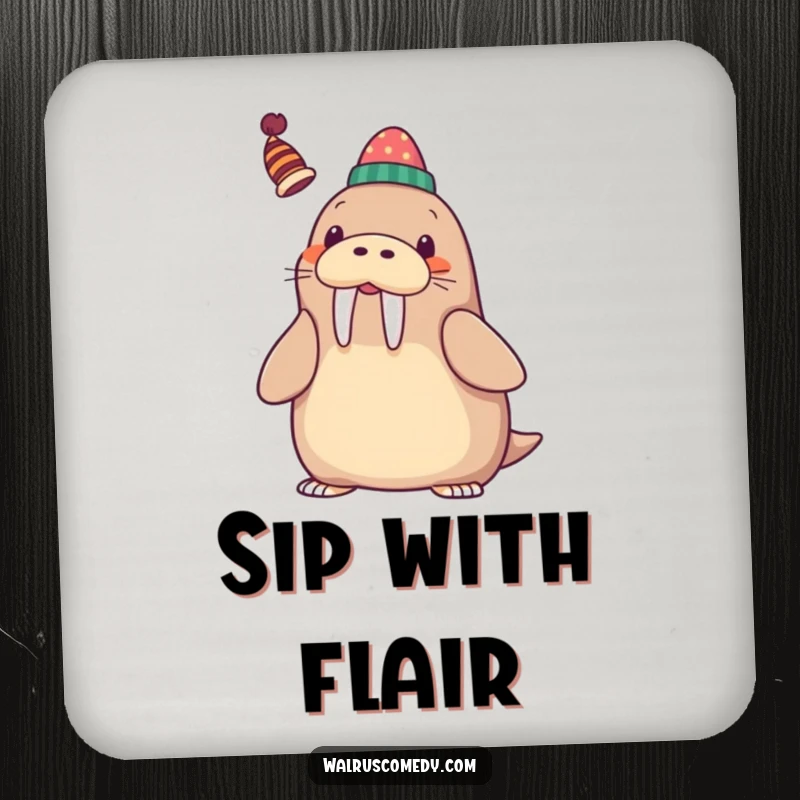 Funny Drink Coaster featuring a kawaii walrus playfully balancing a whimsical hat on its tusk with a happy smile.