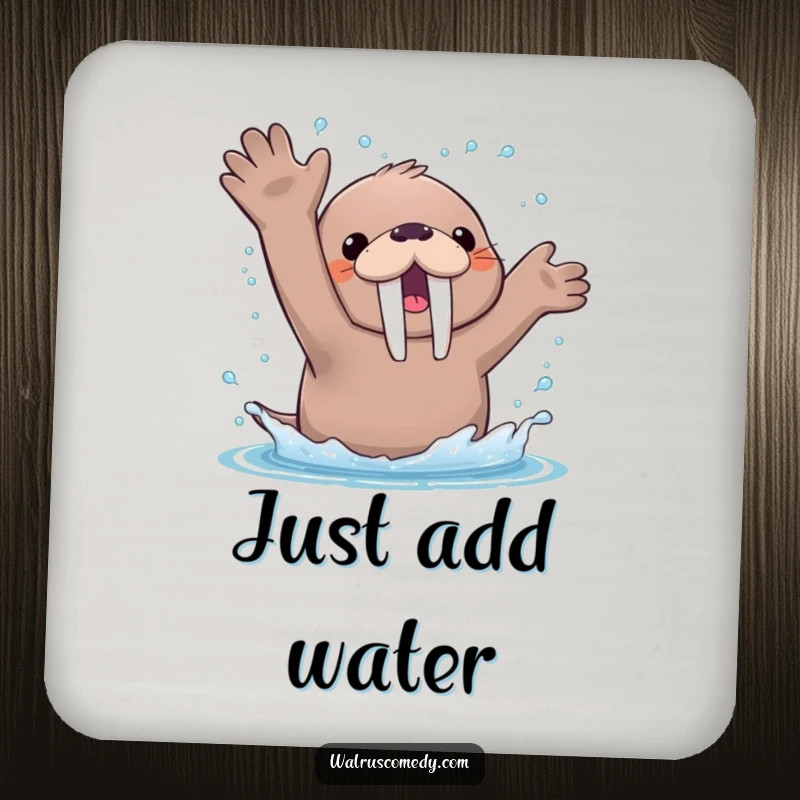 Funny Drink Coaster with a kawaii walrus enthusiastically splashing water with its flippers, showering happy droplets.