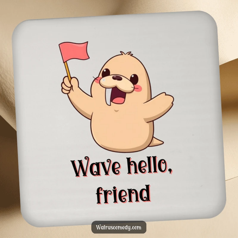 Funny Kawaii Walrus Coaster: A happy, cheerful walrus waves a small flag, protecting surfaces with a dose of humor and cute design.