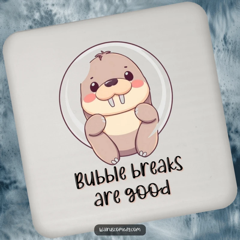 Funny Coaster featuring a Kawaii walrus shyly peeking from behind a bright bubble, protecting surfaces with soft eyes.