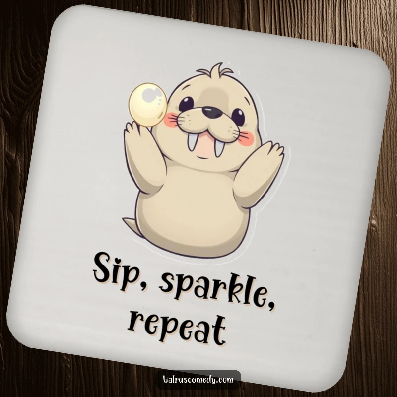 Funny coaster with a happy walrus holding a shimmering pearl, serving as a humorous and protective surface for drinks.
