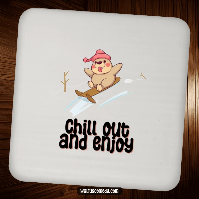 Funny drink coaster displaying a walrus character gleefully sliding down a snowy hill, perfect for humorous winter table protection.