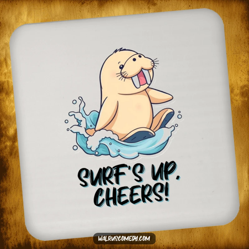 Funny Coaster: A happy walrus character rides a wave, flippers splashing, protecting tables with oceanic flair.