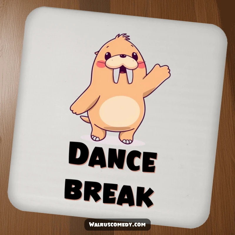 Funny walrus character joyfully dancing with its flippers in the air, protective drink coaster, adds party flair.