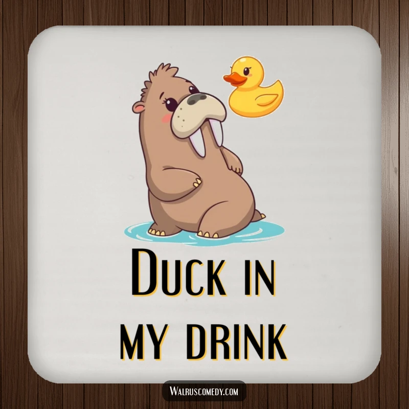 Funny drink coaster featuring a walrus comically surprised by a rubber duck, adding humor to surface protection.