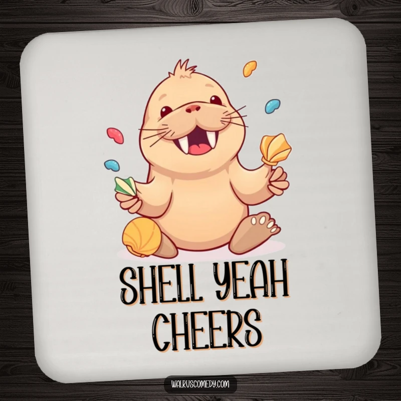 Funny Kawaii Walrus Juggling Seashells Coaster, a joyful walrus juggling shells, protects surfaces with cheer.
