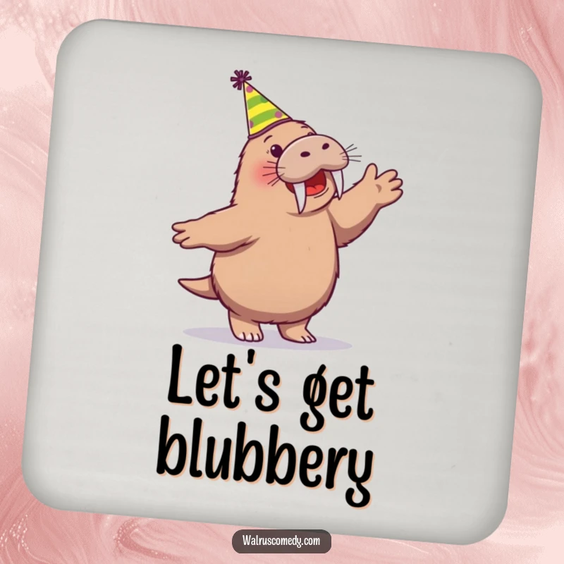 Funny drink coaster with a joyful walrus character dancing in a party hat, offering surface protection with fun, festive art.