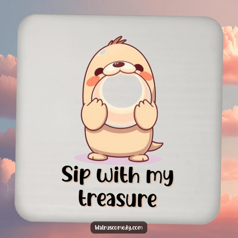 Funny Coaster featuring a Kawaii walrus presenting a giant, shiny pearl, protecting surfaces with oceanic charm.