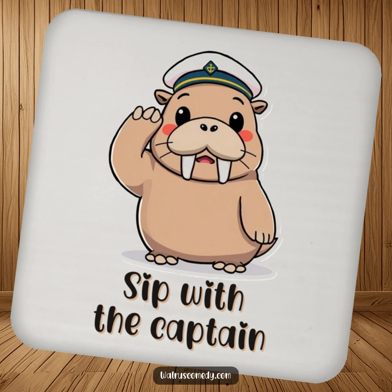 Funny Coaster with a playful walrus character wearing a tiny sailor hat, saluting cheerfully.