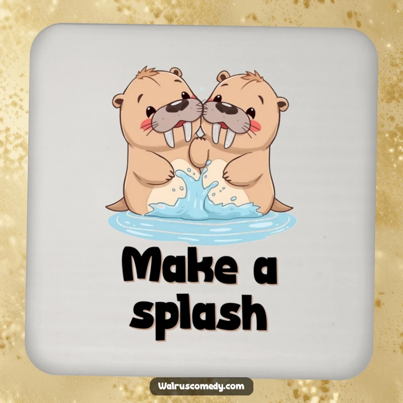 Funny walrus coaster depicting siblings playfully splashing water, adding a humorous touch to drink service.