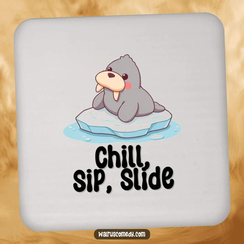 Funny drink coaster featuring a walrus playfully sliding on ice, protecting surfaces with arctic-themed humor.