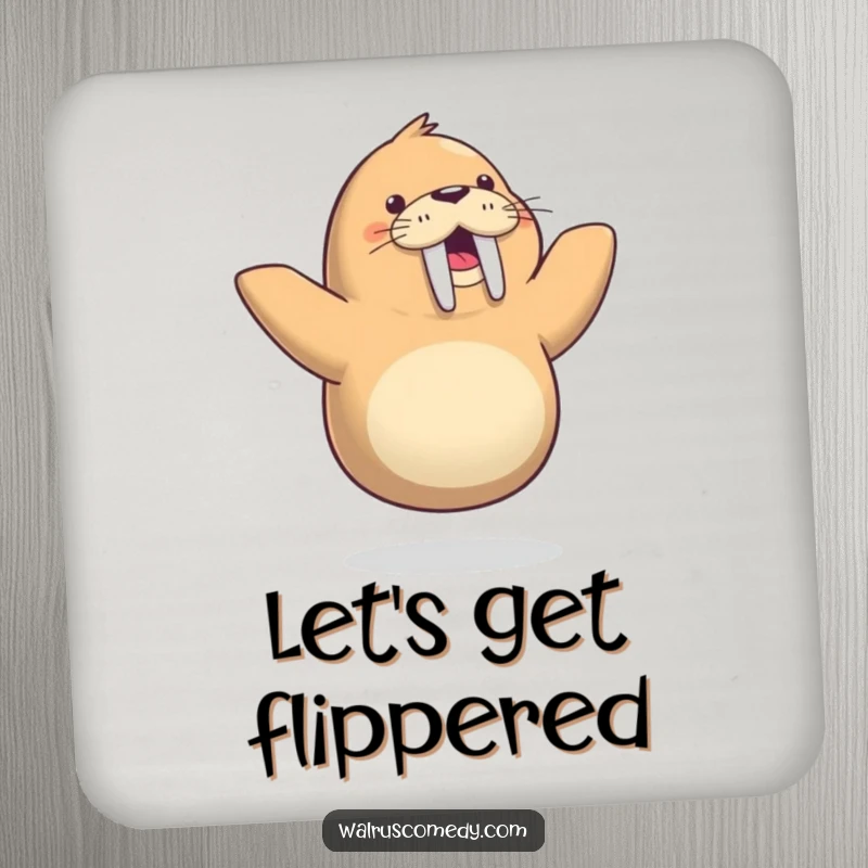 Funny coaster featuring a happy walrus doing a comical one-flipper dance, adding a humorous and protective touch to tables.