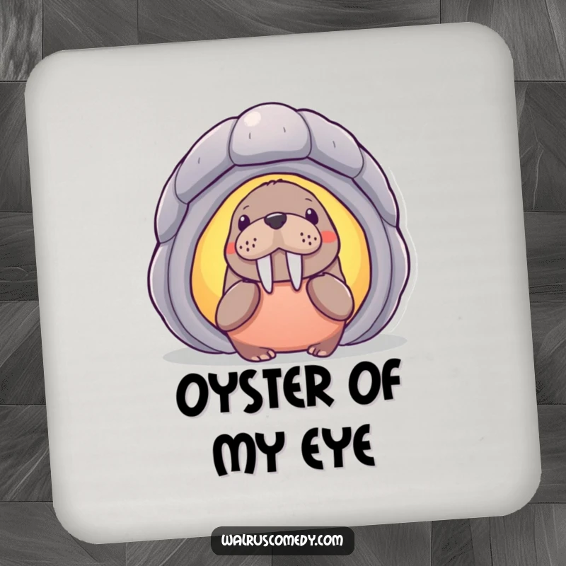 Funny walrus character curiously examining a glowing seashell, printed on drink coasters for a humorous and protective touch