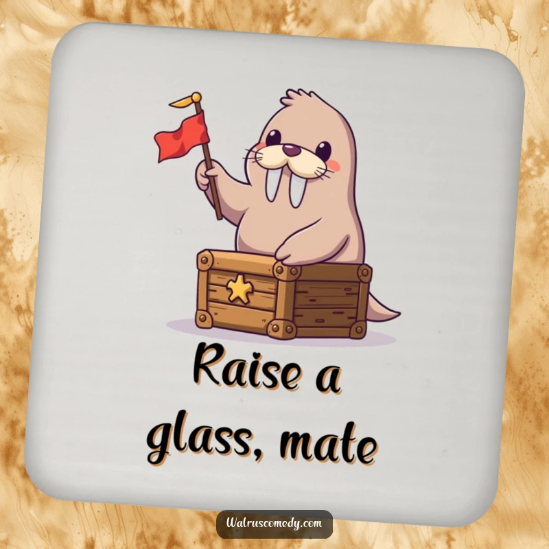 Funny drink coaster featuring a happy walrus on a treasure chest, waving a tiny flag, protecting surfaces from moisture.